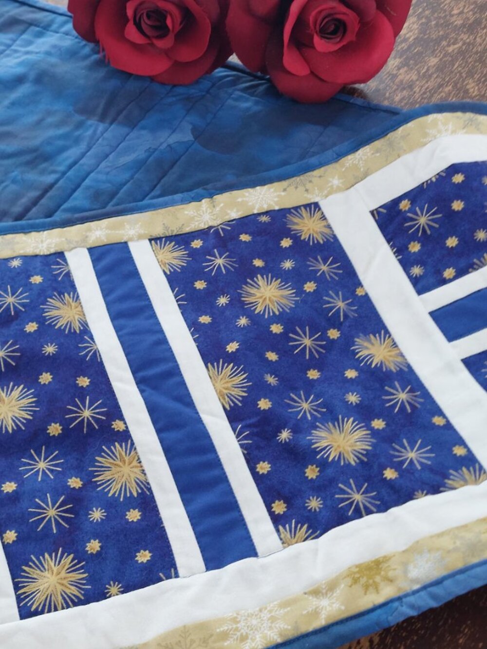Vintage Handmade Quilted Holiday Table Runner Reversible Snowflake Star